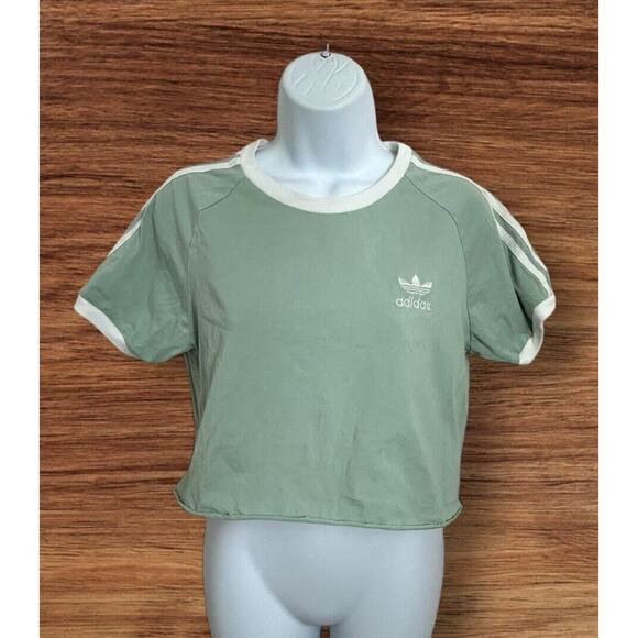 Adidas Green Crop Top Shirt Sz Large Tricot Raw Hem Athletic Embroidered Tee - Picture 1 of 6